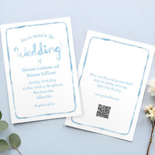 Simple Hand Drawn Light Blue Frame QR RSVP Wedding Invitation