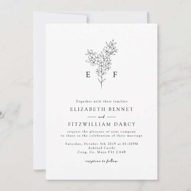 Simple Hand Drawn Minimal Cherry Blossom Monogram  Invitation (Front)