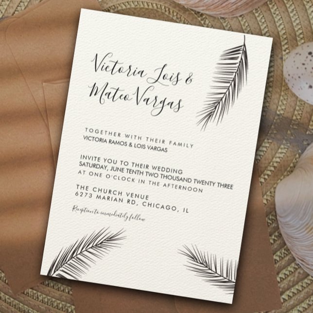 Simple Hand Drawn Palm Tree Leaf Black Wedding  Invitation (Creator Uploaded)