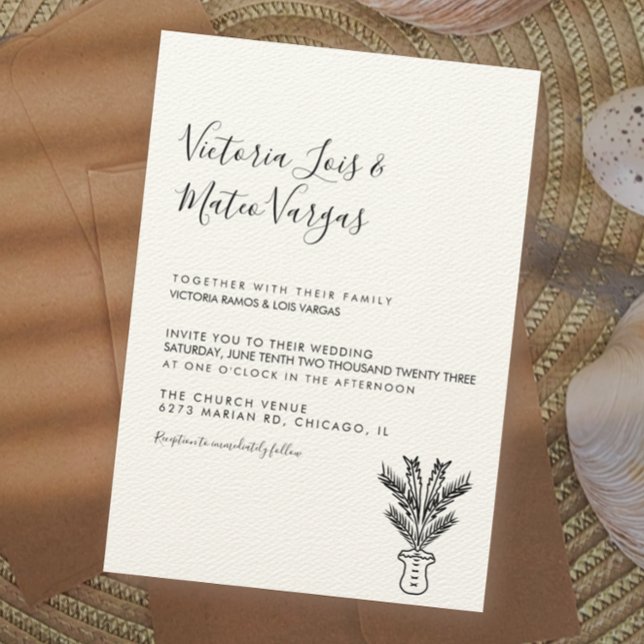 Simple Hand Drawn Palm Tree Potted Wedding Invitation (Creator Uploaded)