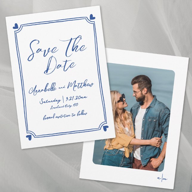 Simple Hand Drawn Photo Blue Whimsical Wedding Save The Date (Simple Hand Drawn Photo Blue Whimsical Wedding Save the Date)