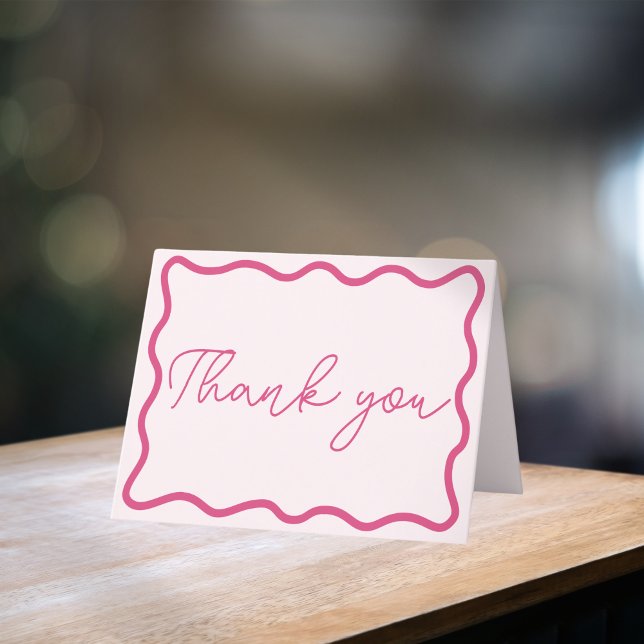 Simple Hand Drawn Wavy Scalloped Frame Retro Pink Thank You Card (Creator Uploaded)