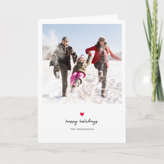 Simple Hand Lettered Script Red Heart Photo Holiday Card (Front)