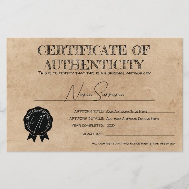 Simple Hand Made Certificate of Authenticity  (Front)
