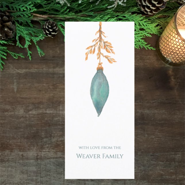 Simple Hand Painted Watercolor Turquoise Christmas (Hand painted watercolor turquoise botanical Christmas bauble card. Personalize simple modern script)
