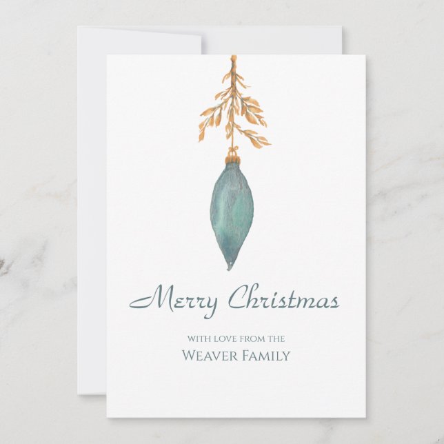Simple Hand Painted Watercolor Turquoise Christmas Holiday Card (Front)