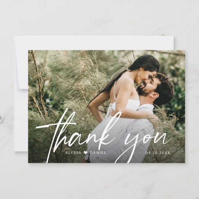 Simple Handlettering Minimal wedding photo Heart  Thank You Card (Front)