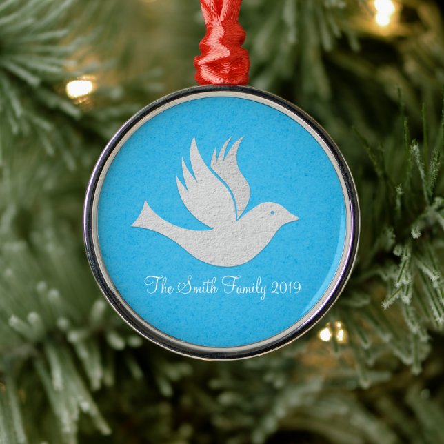 Simple Handmade White Dove Graphic On Blue Metal Tree Decoration (Tree)