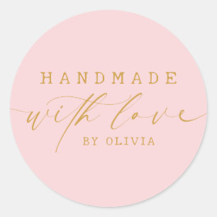 Simple Handmade with Love Script   Pink Gold Classic Round Sticker