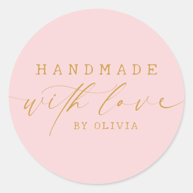 Simple Handmade with Love Script | Pink Gold Classic Round Sticker (Front)