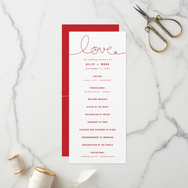 Simple Handwrite Loopy Love Line Red Heart Wedding Programme (Front/Back In Situ)