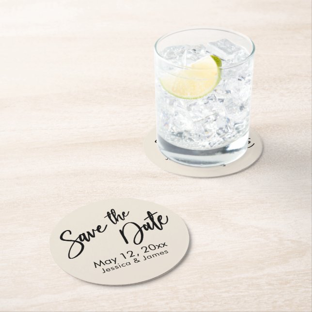 Simple Handwriting Typography Save the Date Cream Round Paper Coaster (Insitu)