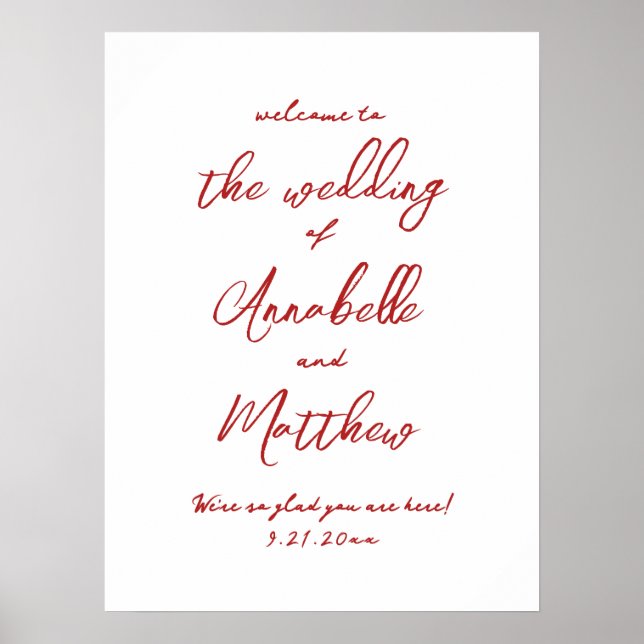 Simple Handwritten Red Wedding Welcome Sign (Front)