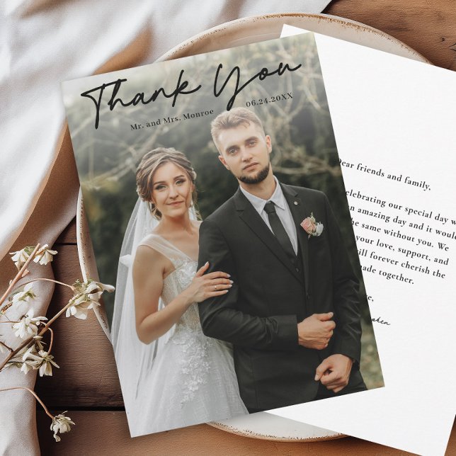 Simple Handwritten Script Photo Wedding Thank You Card (Simple handwritten black script wedding photo thank you card.)