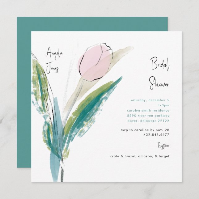 Simple Handwritten Script Teal & Pink Tulip Shower Invitation (Front/Back)
