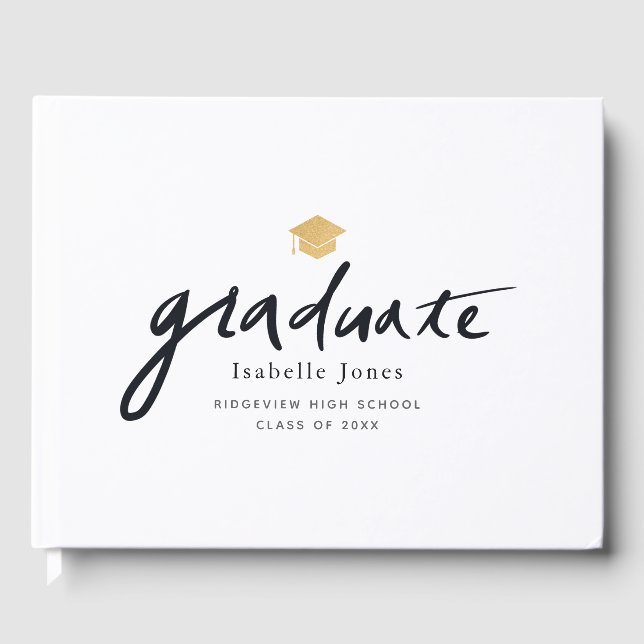 Simple Handwritten Script White Graduation Photo Guest Book (Front)