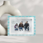 Simple Hanukkah Menorah in Blue Custom Photo  Holiday Card<br><div class="desc">Cute menorah pattern in teal blue and grey for Hanukkah,  personalised with your name,  greeting,  and photo.</div>