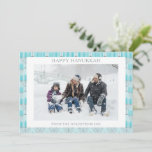 Simple Hanukkah Menorah in Blue Custom Photo  Holiday Card<br><div class="desc">Cute menorah pattern in teal blue and grey for Hanukkah,  personalised with your name,  greeting,  and photo.</div>