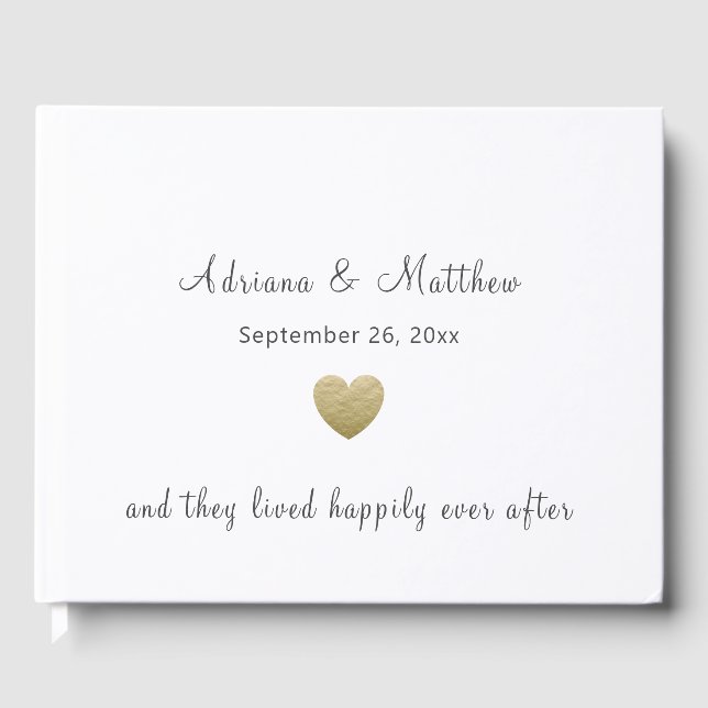 Simple Happily Ever After Gold Heart Wedding Guest Book (Front)