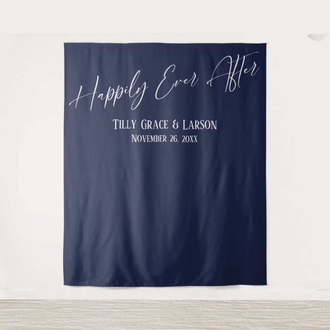 Simple Happily Ever After Navy Photo Backdrop Tapestry (Front)