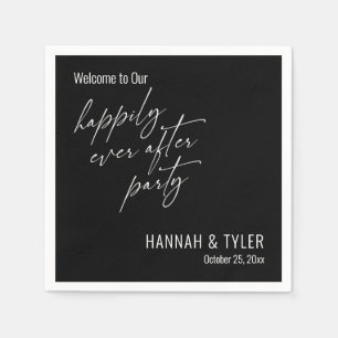 Simple Happily Ever After Party White on Black Napkin