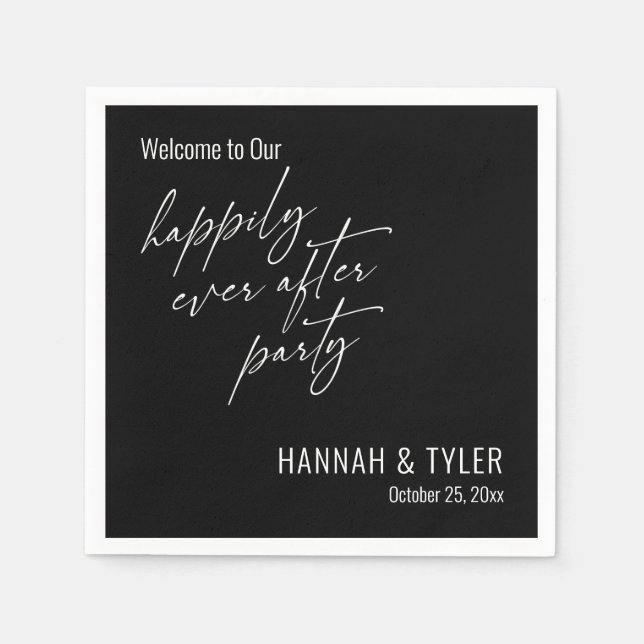 Simple Happily Ever After Party White on Black Napkin (Front)