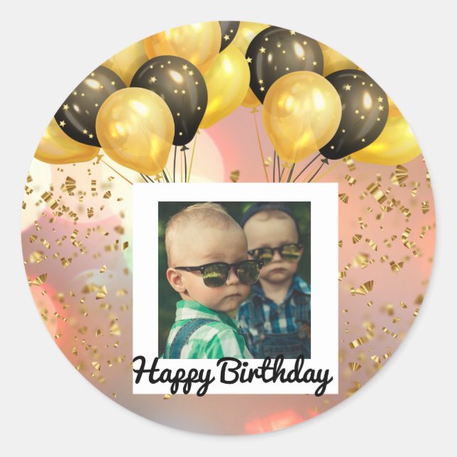 Simple Happy Birthday Add Photo Text Personalised  Classic Round Sticker (Front)