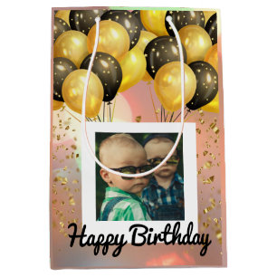 Simple Happy Birthday Add Photo Text Personalised  Medium Gift Bag