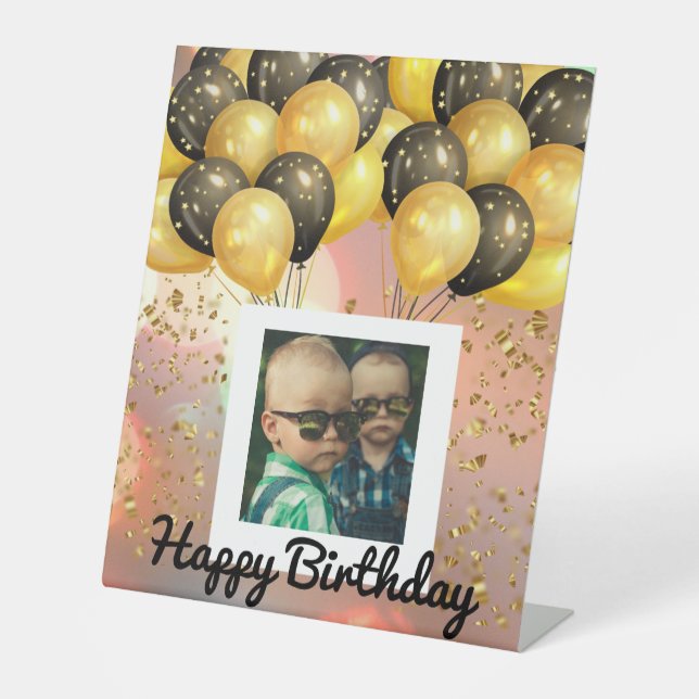 Simple Happy Birthday Add Photo Text Personalised  Pedestal Sign (Front)