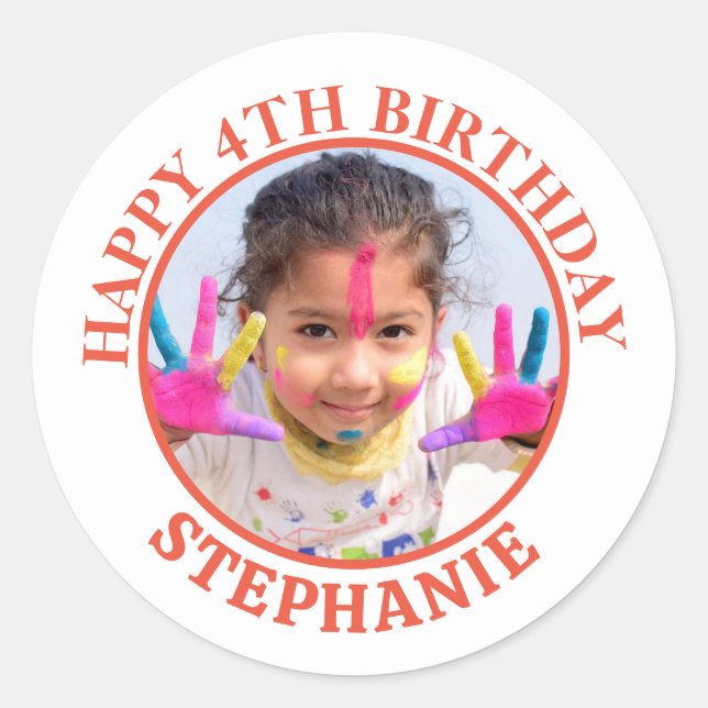 Simple happy birthday Photo name Classic Round Sticker (Front)