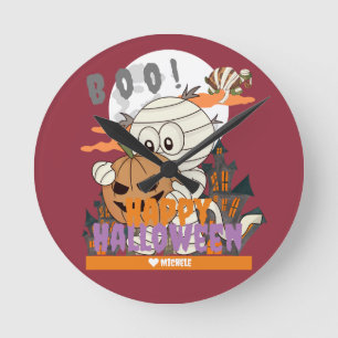 Simple Happy Halloween Mummy family and friends Round Clock