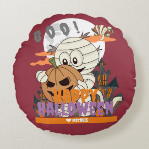 Simple Happy Halloween Mummy family and friends Round Cushion