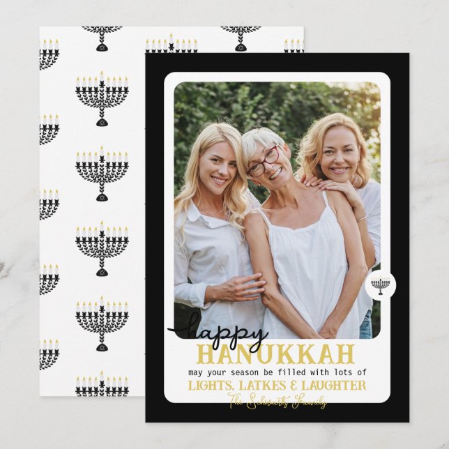 Simple HAPPY HANNUKAH Menorah Photo Holiday Card (Front/Back)