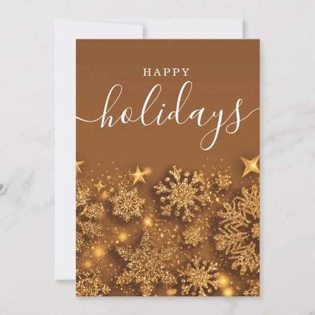 Simple Happy Holidays Christmas Glitter Snow Gold Holiday Card (Front)