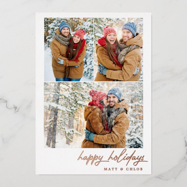 Simple Happy Holidays Christmas Multi-Photo Foil Holiday Card (Front)
