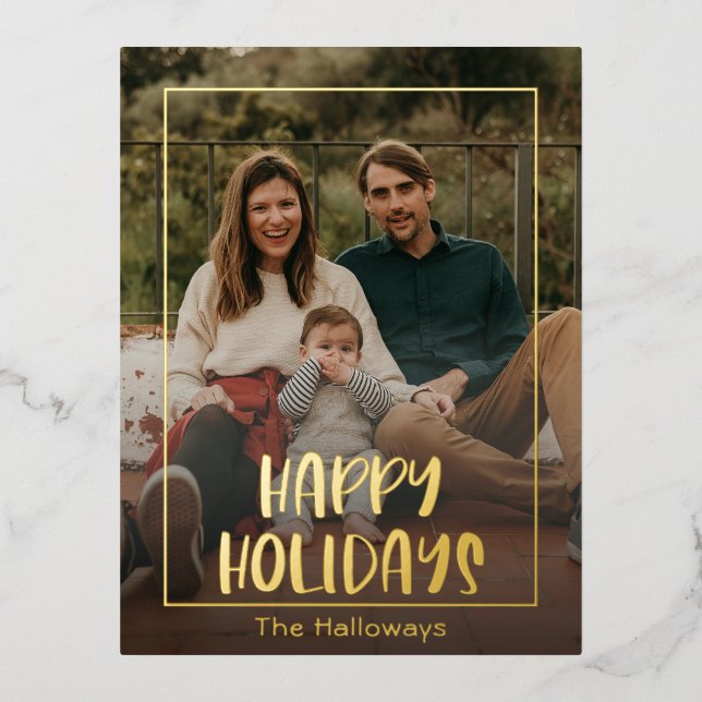 Simple Happy Holidays Framed Photo Gold Foil Holiday Postcard (Front)