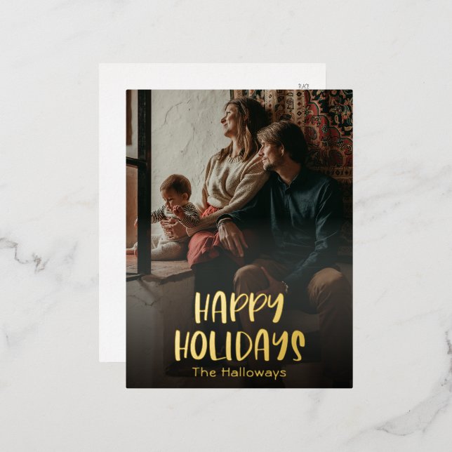 Simple Happy Holidays Full Vertical Photo Gold Foil Holiday Postcard (Front/Back)