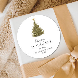 Simple Happy Holidays Green Christmas Pine Tree Classic Round Sticker