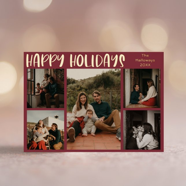Simple Happy Holidays Red Five-Photo Gold Foil Holiday Card (Creator Uploaded)