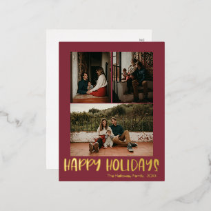 Simple Happy Holidays Red Vertical 3 Photo   Gold Foil Holiday Postcard