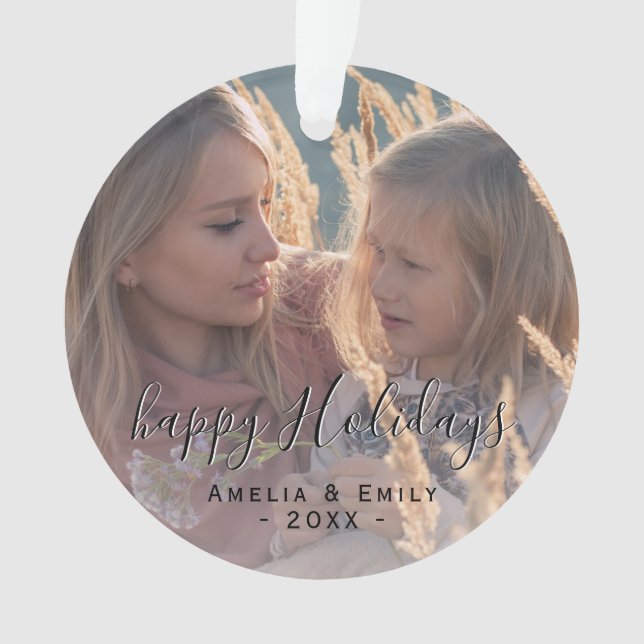 Simple Happy Holidays Script Full Photo Christmas Ornament (Front)