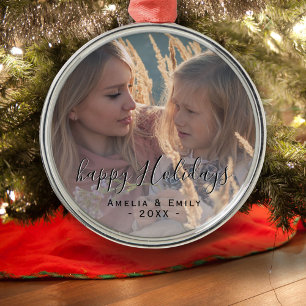 Simple Happy Holidays Script Full Photo Metal Tree Decoration