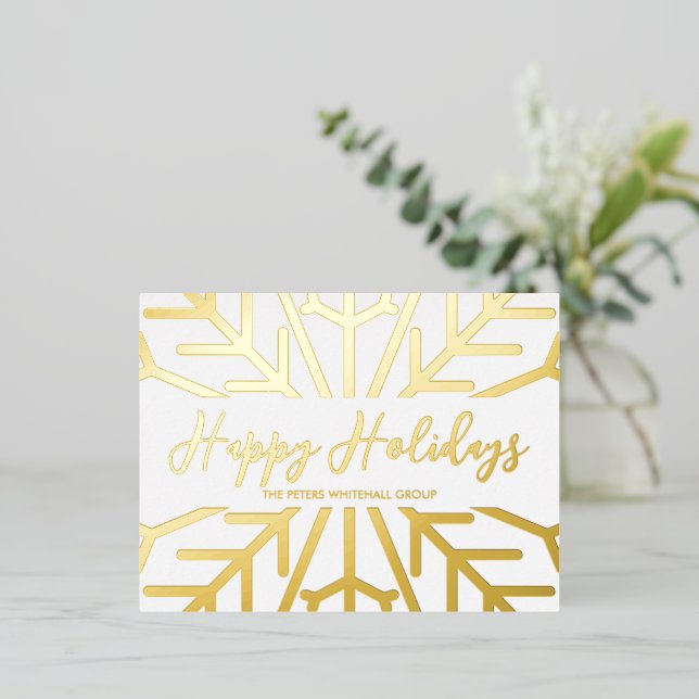 Simple Happy Holidays snowflake Business Gold Foil Foil Holiday Postcard (Standing Front)