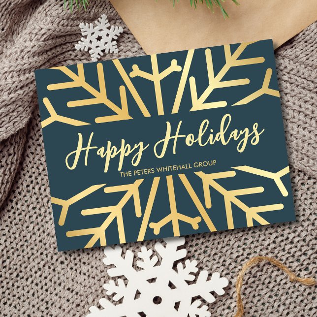 Simple Happy Holidays snowflake gold blue business Thank You Card (Creator Uploaded)