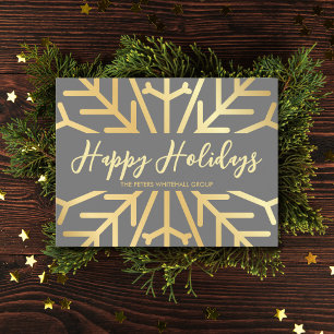 Simple Happy Holidays snowflake gold business Post Thank You Card