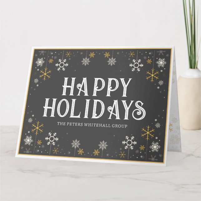 Simple Happy Holidays Snowflake Gold Gray Business Card (Front)
