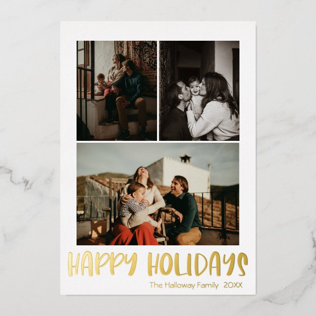 Simple Happy Holidays Vertical 3 Photo | Gold Foil Holiday Card (Front)