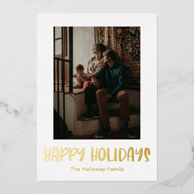 Simple Happy Holidays Vertical Single Photo Gold Foil Holiday Card (Front)