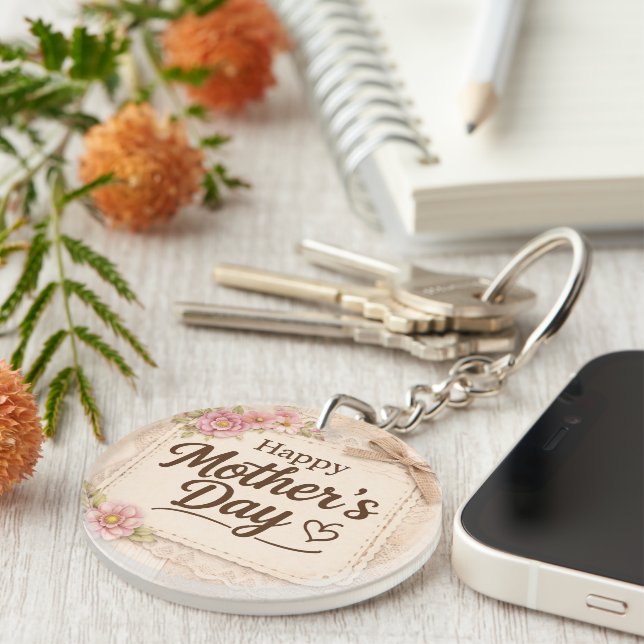 Simple Happy Mother's Day Calligraphy Floral |  Key Ring (Front Right)