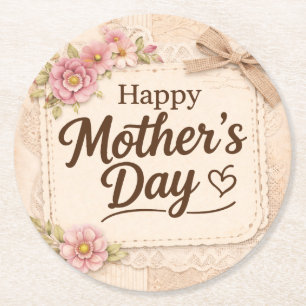 Simple Happy Mother's Day Calligraphy Floral Round Paper Coaster